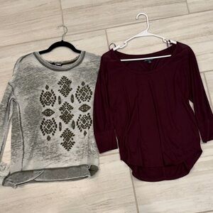 Gray and Burgundy Long Sleeve Tops